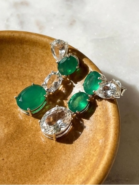 Hushwink Jewelry - Green Onyx and White Topaz Elegant Stud Dangle Earrings, Sterling Silver